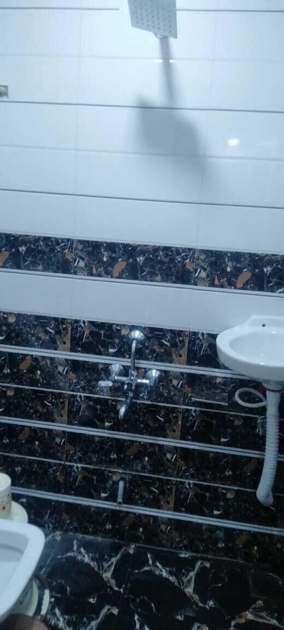 Shower, rainfall showerhead, designer toiletries, towels