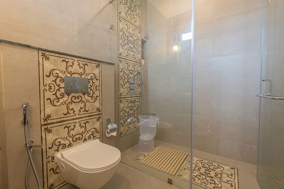 Hair dryer, bidet, towels, soap