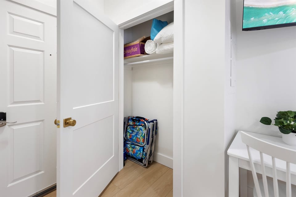 Your closet space offers plenty of room for clothes and belongings, with extra towels and storage for everything you need.