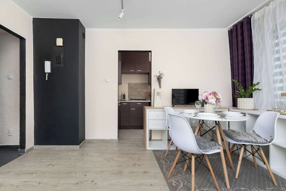 Bright dining corner with table, chairs, and direct connection to the kitchenette.