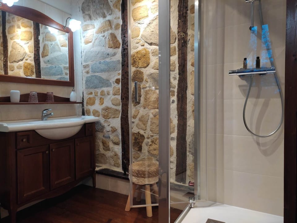 Chambre Barétous - Salle d'eau avec colombages et murs en pierre