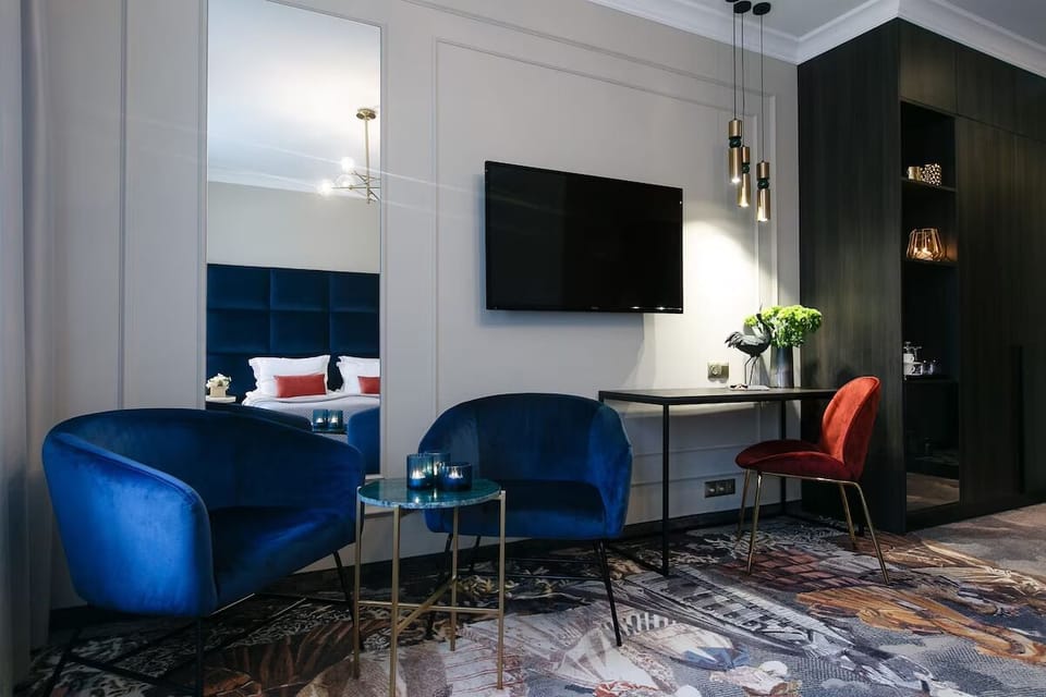 Catch up on emails at a sleek desk with ambient lighting.