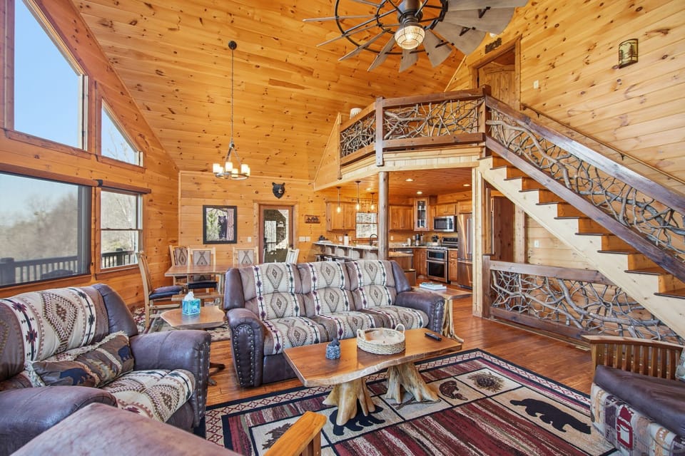 Stunning living room with a panoramic view of the North Georgia Mountains