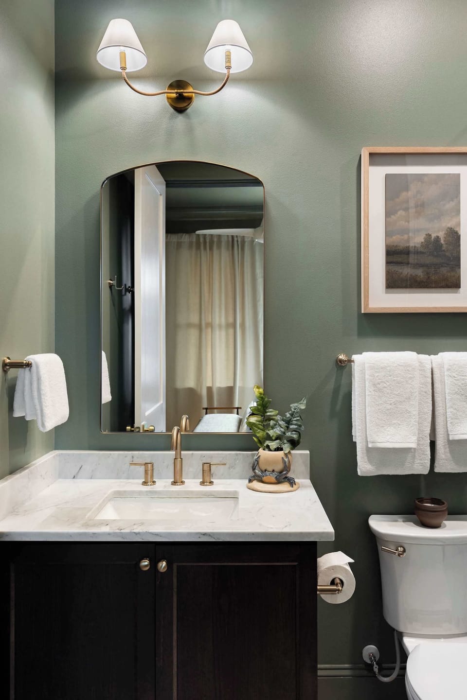 Bathroom 1 | Full Ensuite Bathroom to Bedroom 1 | Marble Countertop with Arched Mirror | Second Floor