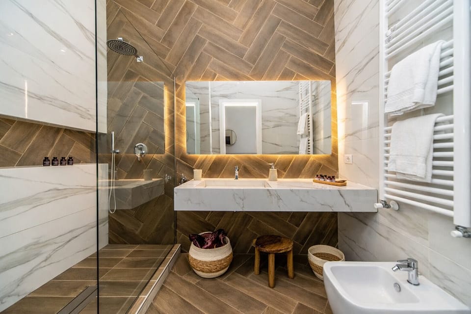Shower, hair dryer, bidet, towels