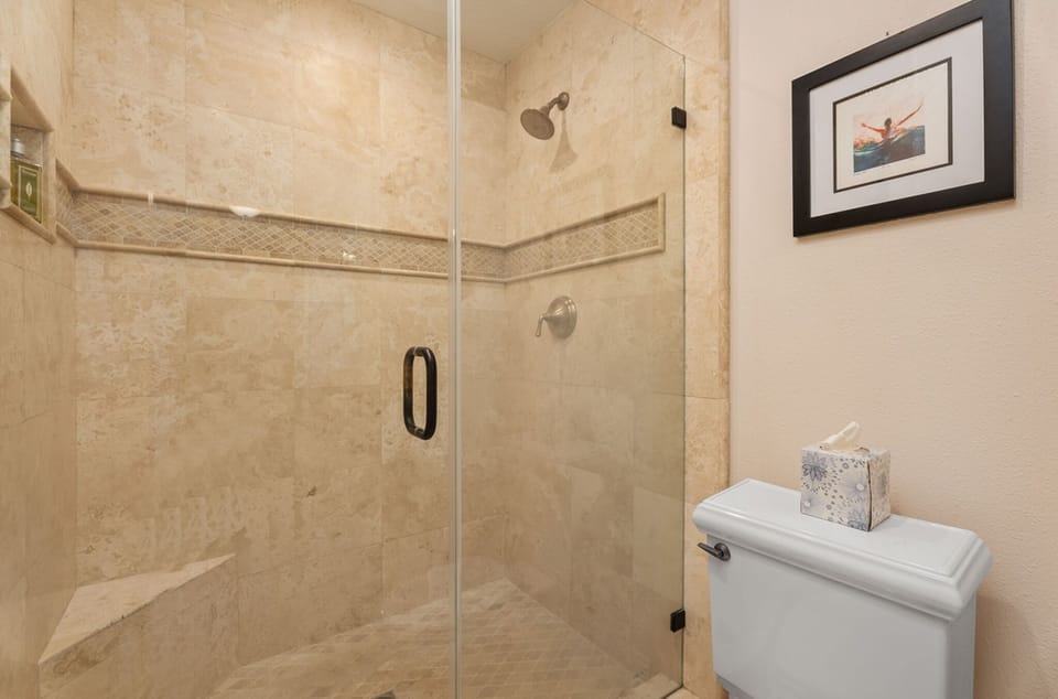 Large walk-in shower with seat.  Privacy door.