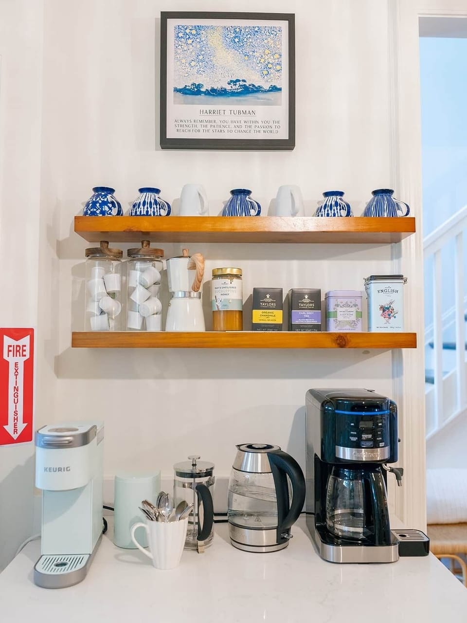 Your coffee station with coffee, teas, honey.