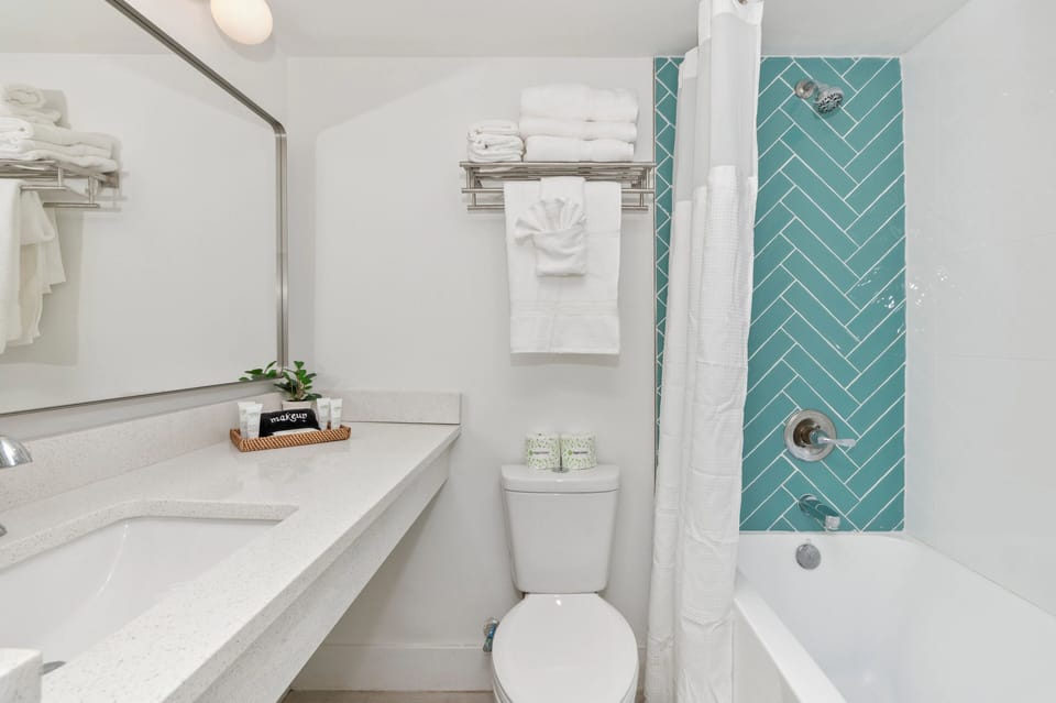 Full, modern bathroom with a shower and bathtub, toilet, and sink. Equipped with essential bathroom amenities including shampoo, conditioner, shower gel, hair dryer, and fresh towels for a comfortable, hassle-free stay.
