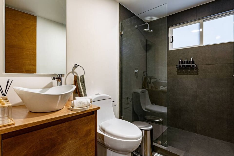 Clean lines and calming tones in this spa-inspired bathroom