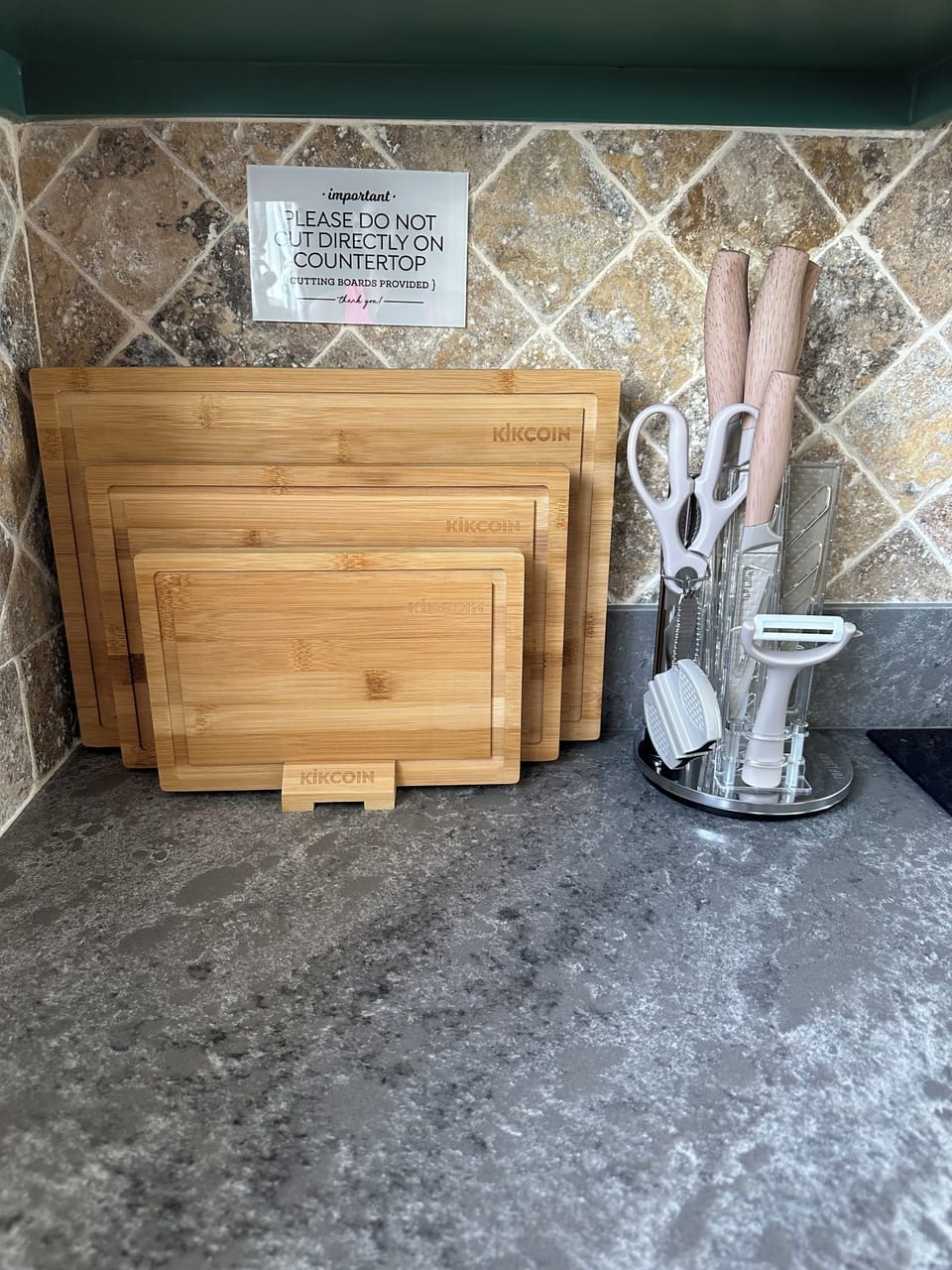 Cutting boards with knife set.