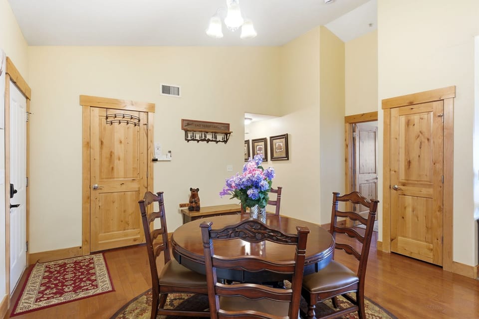 Rustic wood table with seating for family and friends