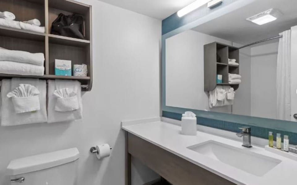 Refresh at a bright vanity with plush towels and essentials.