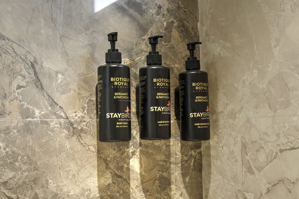 Shower, free toiletries, hair dryer, towels