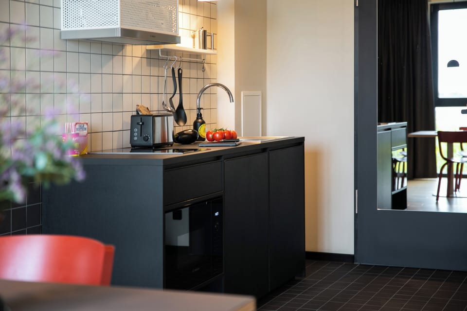 Design Apartment mit Kingsize Bett | Private kitchen | Fridge, microwave, stovetop, dishwasher
