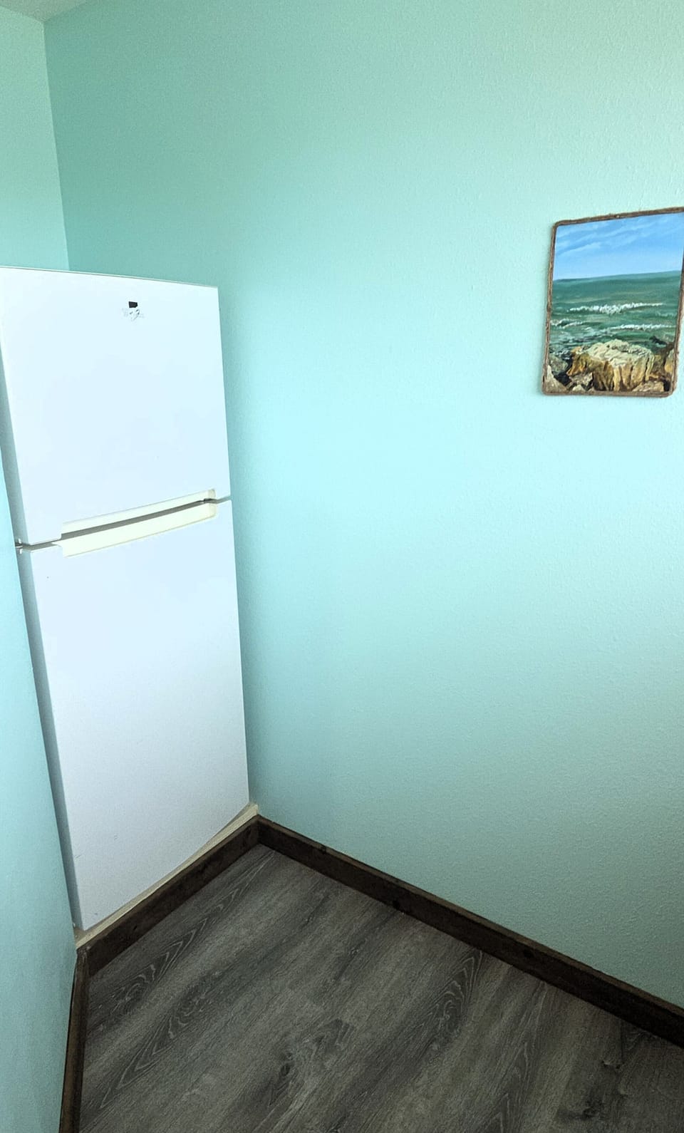 The kitchen has a refrigerator/freezer as well