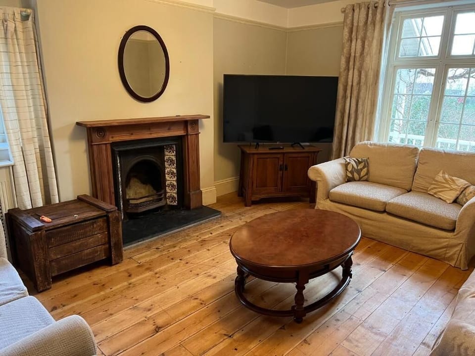 Flat-screen TV, fireplace