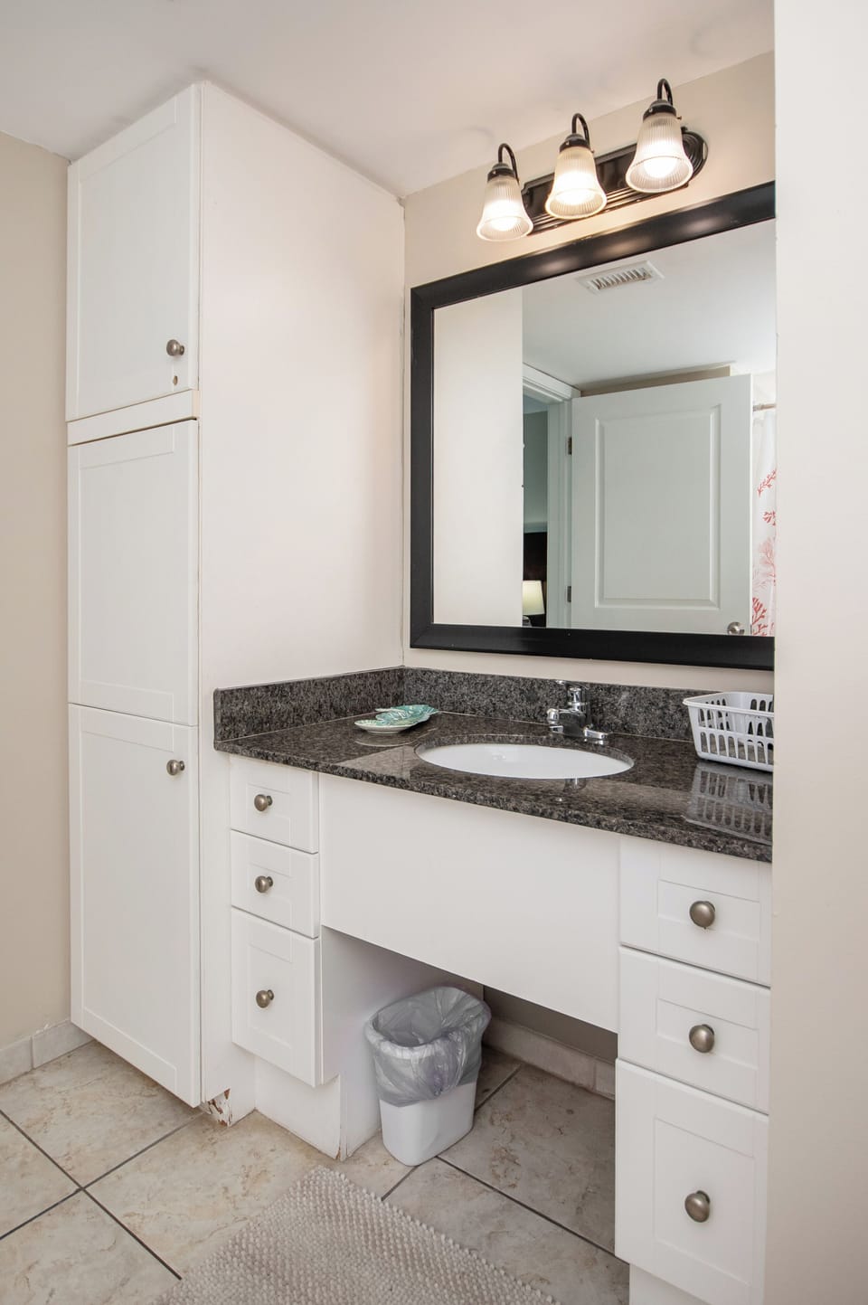 Modern full bathroom with vanity for added comfort and convenience.