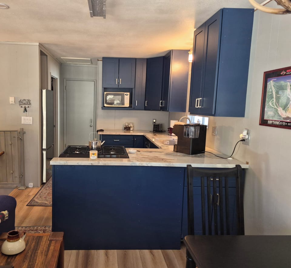 
View of kitchen from eating area.