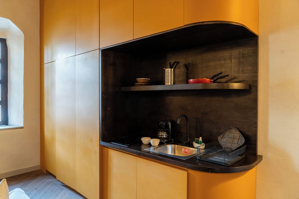 Mini-fridge, cleaning supplies, paper towels