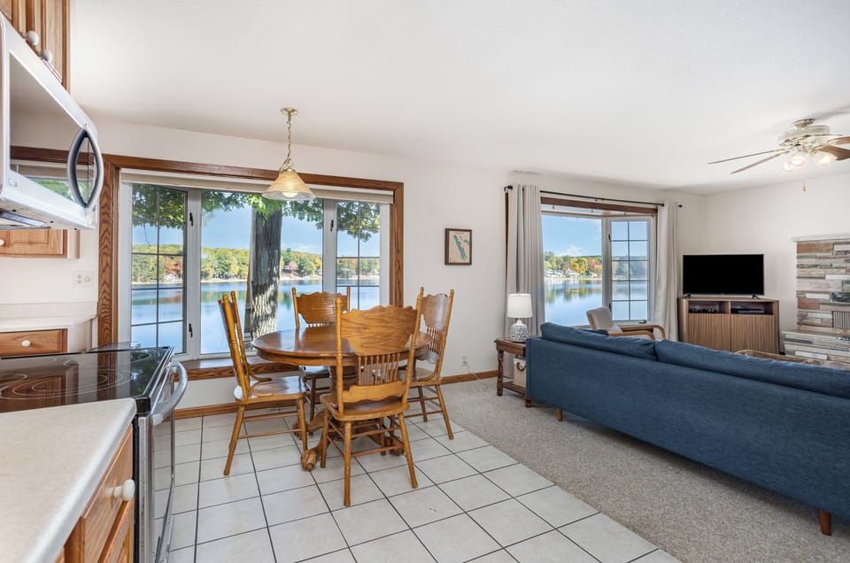 Living room with lake view and Smart TV