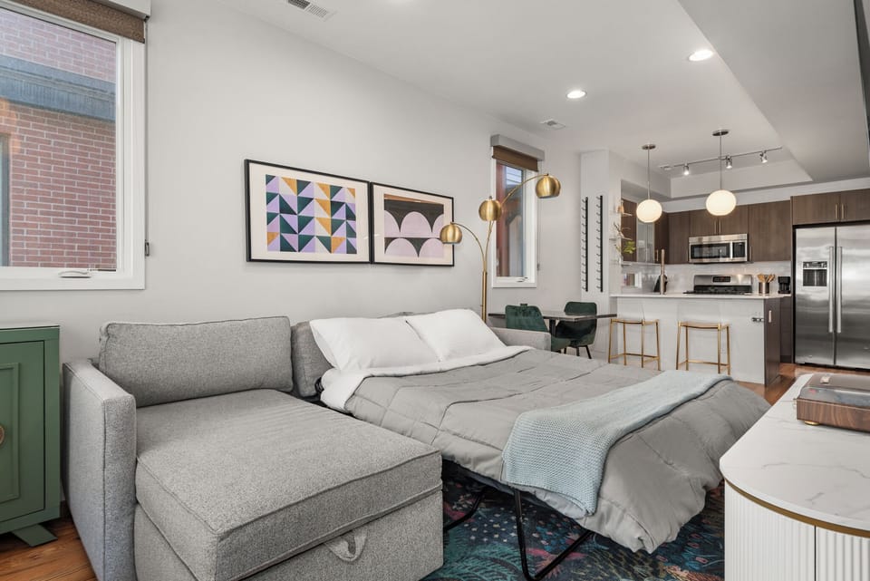 Living room sofa quickly converts into a bed, maximizing comfort and space