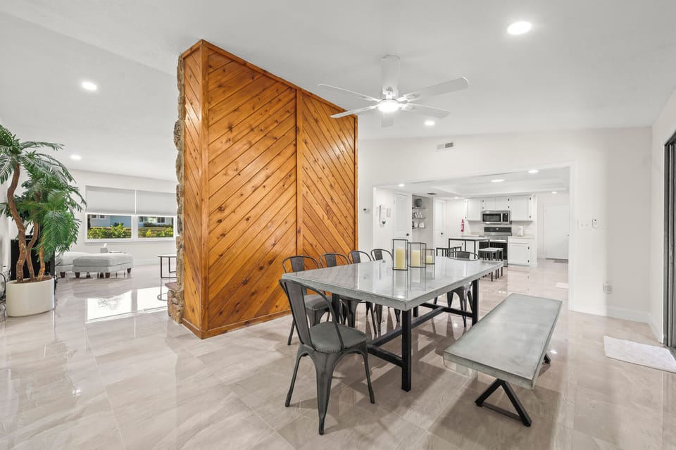 Dining room with 10 person table.