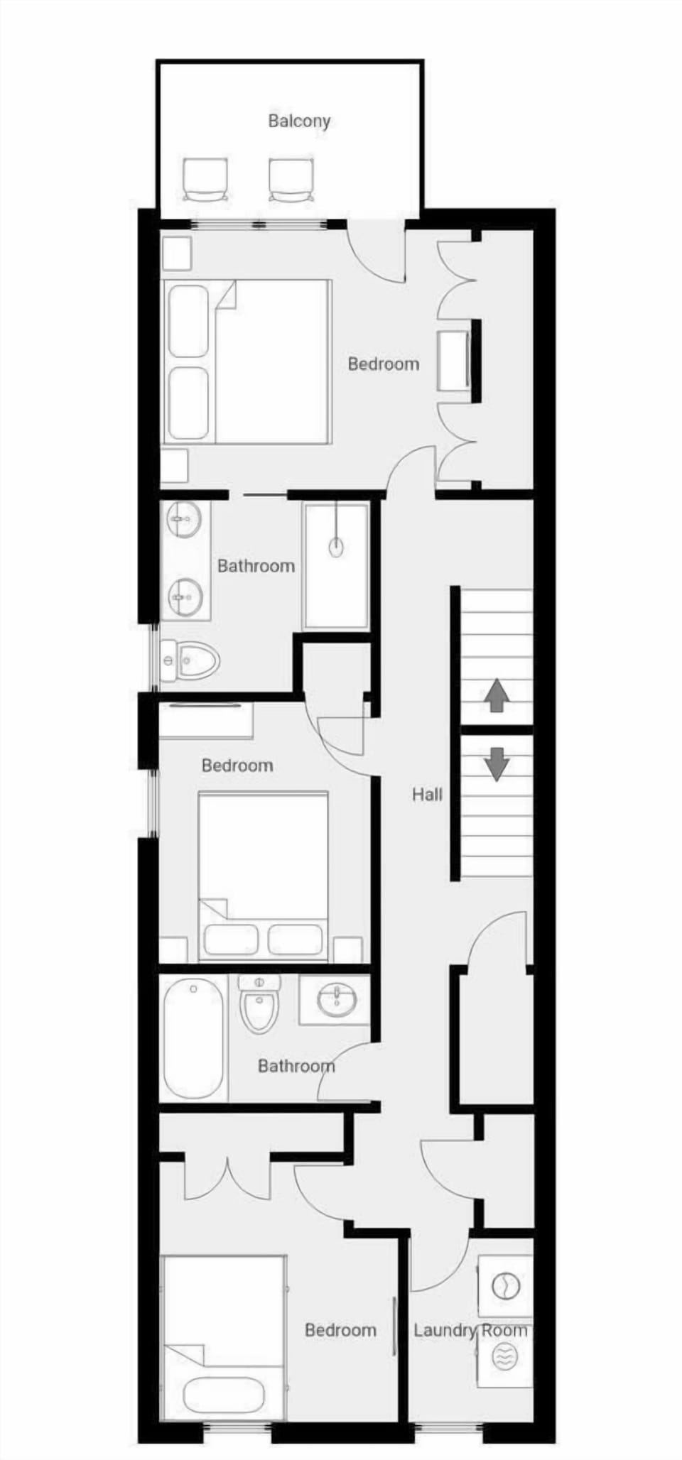 Detailed floor plan showing three bedrooms, two bathrooms, laundry room, and private balcony to help you envision your perfect stay.