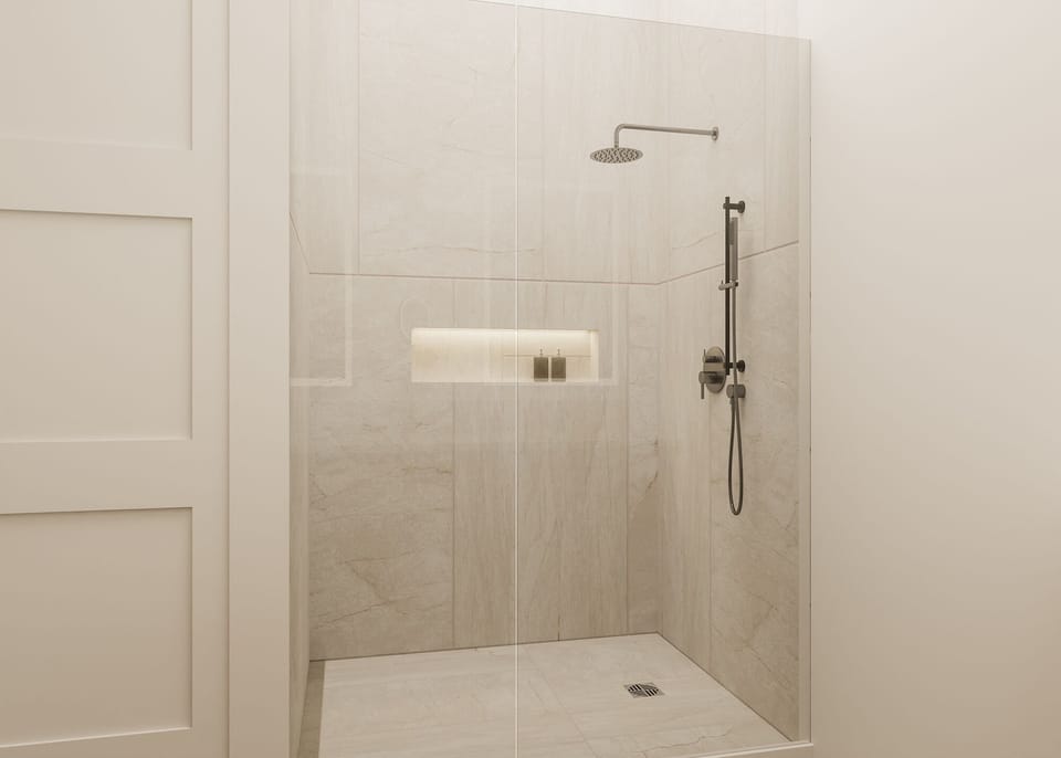 Shower, rainfall showerhead, eco-friendly toiletries, hair dryer