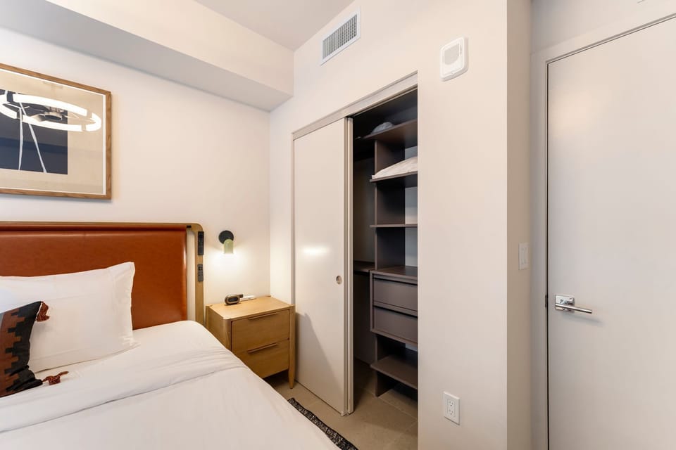 Bedroom with closet storage and modern furnishings.