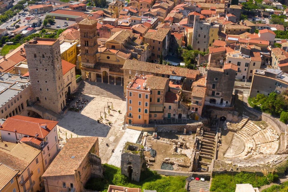 Aerial view of the Roman theater and the Co-Cathedral of San Cesareo and Duomo of Terracina