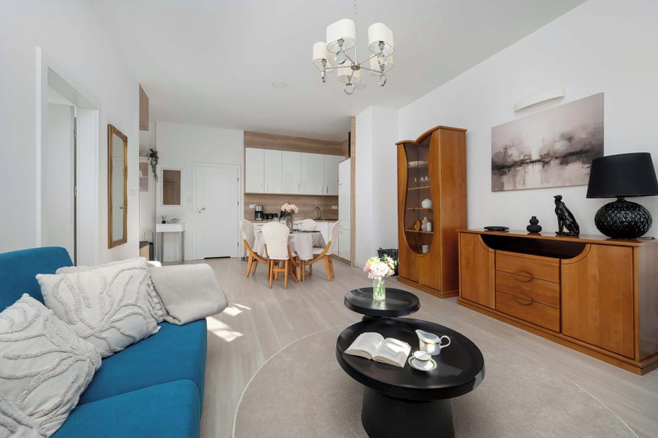 Wide view of the living area showing seating, dining table, and open layout.