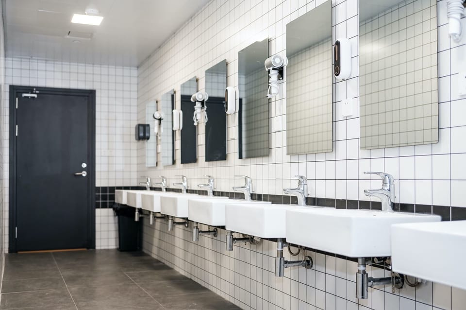 Hair dryer, towels, shampoo, toilet paper