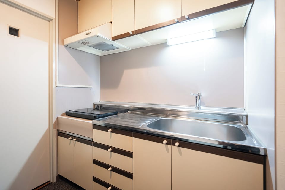Twin Room | Private kitchen | Fridge, microwave, cookware/dishes/utensils