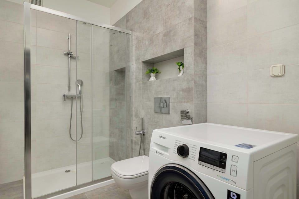 Bathroom with shower and washing machine.