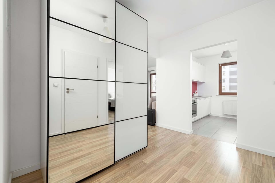 Apartment hallway with mirrored wardrobe.