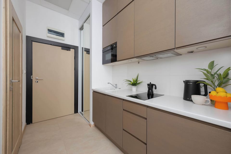 Kitchen corridor with built-in storage.