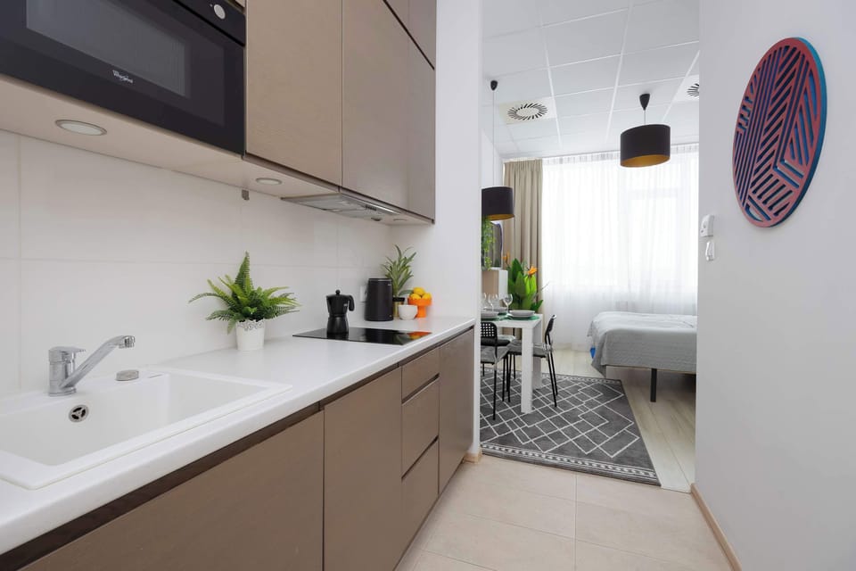Modern kitchenette with sink, cabinets, and plants.