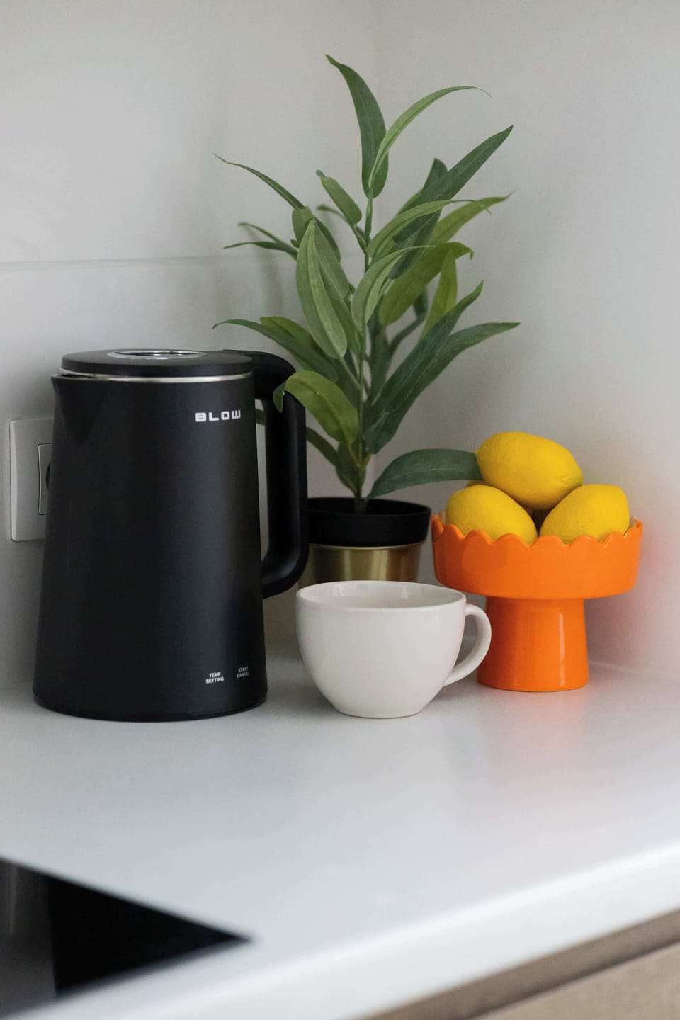 Coffee machine and fruit detail.