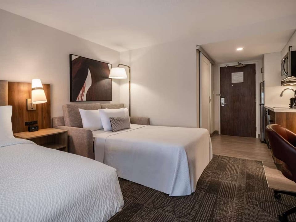 Guest room with sofa bed and kitchenette near entry