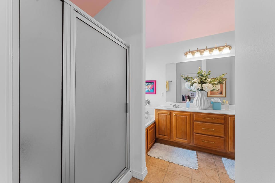 Hop into the walk-in shower!