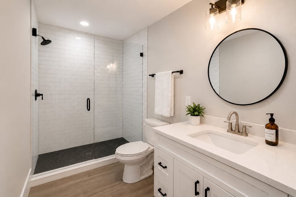 Glass walk-in shower and white subway tile make the main-level bath at Bliss a quick rinse stop after pool or beach.