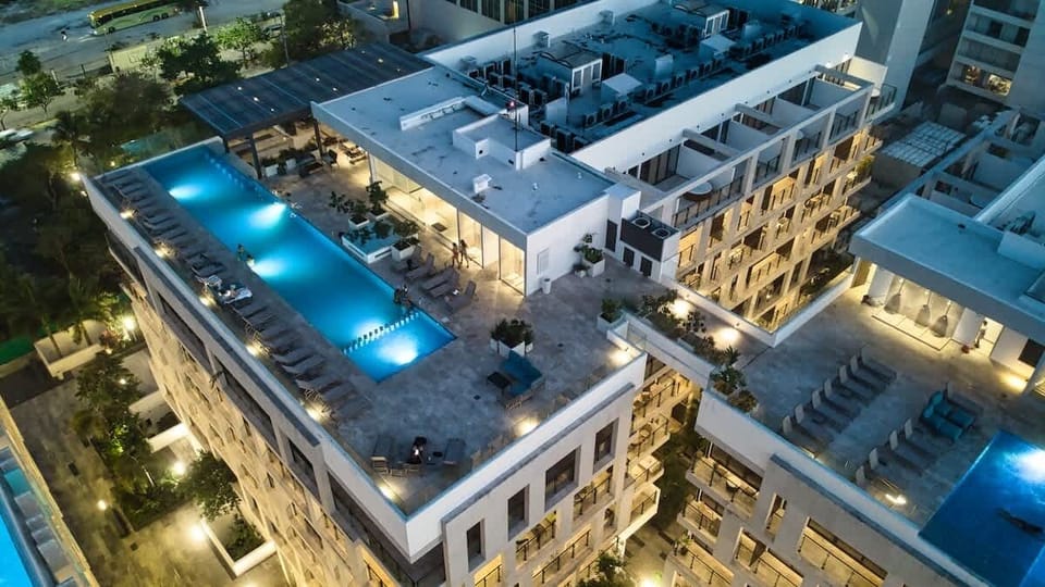 From here you can see our rooftop and the pools.