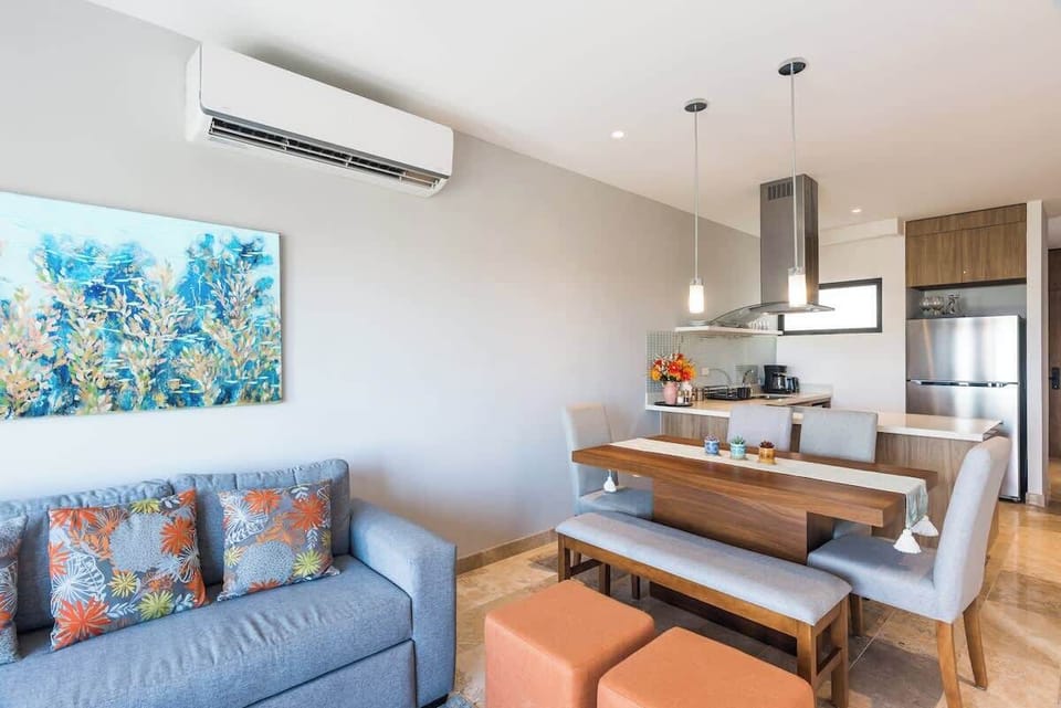 Spacious living room with style and sofa bed

