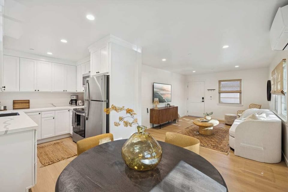 Cozy dining, living, and kitchen spaces.