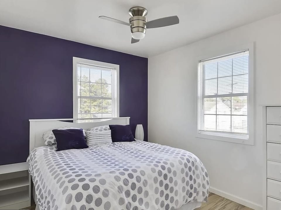Bedroom with a purple accent wall, patterned bedding, and large windows for natural light.