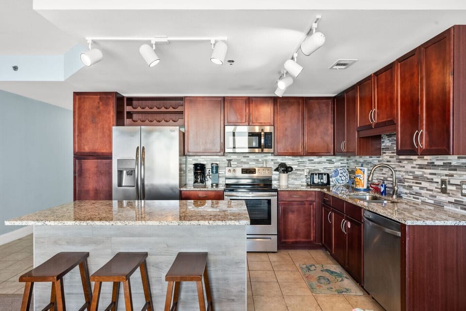Fully Stocked Kitchen with Ocean Views, Island Bar Seating, Stainless Steel Appliances, Drip Coffee Maker and Keurig