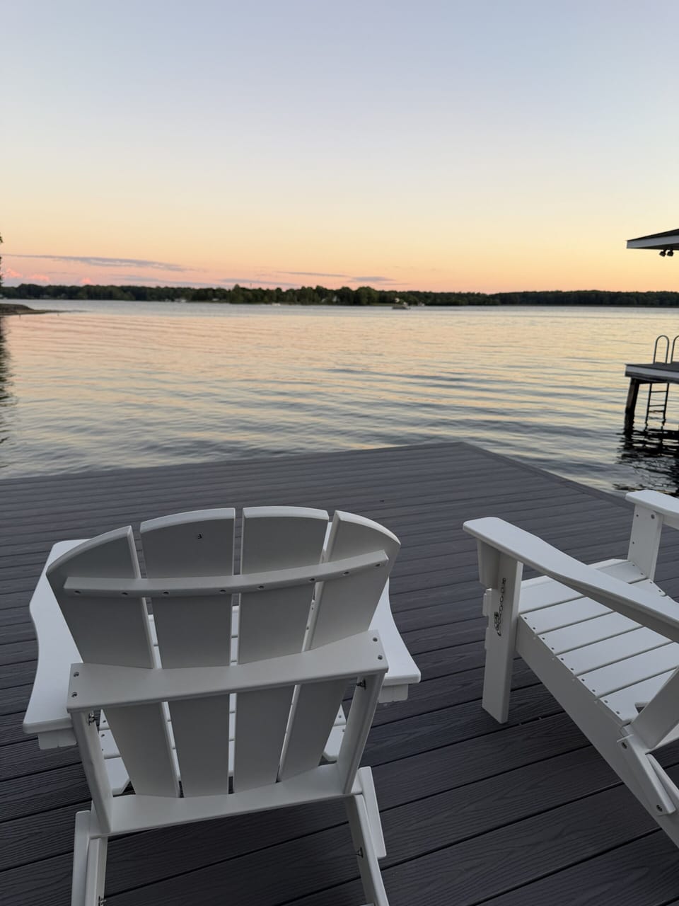 Evening view from the boathouse with the sunset lighting up the sky!