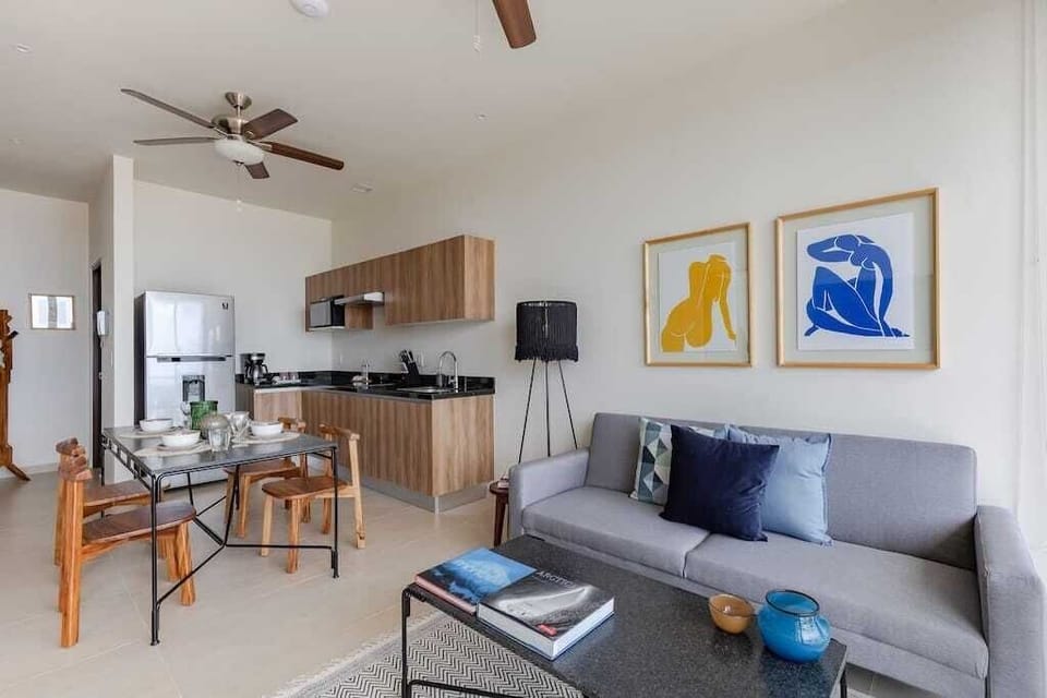 Open living, kitchen and dining area