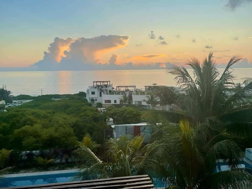 Dusk settling over the palms and the water, warm island light at the close of the day