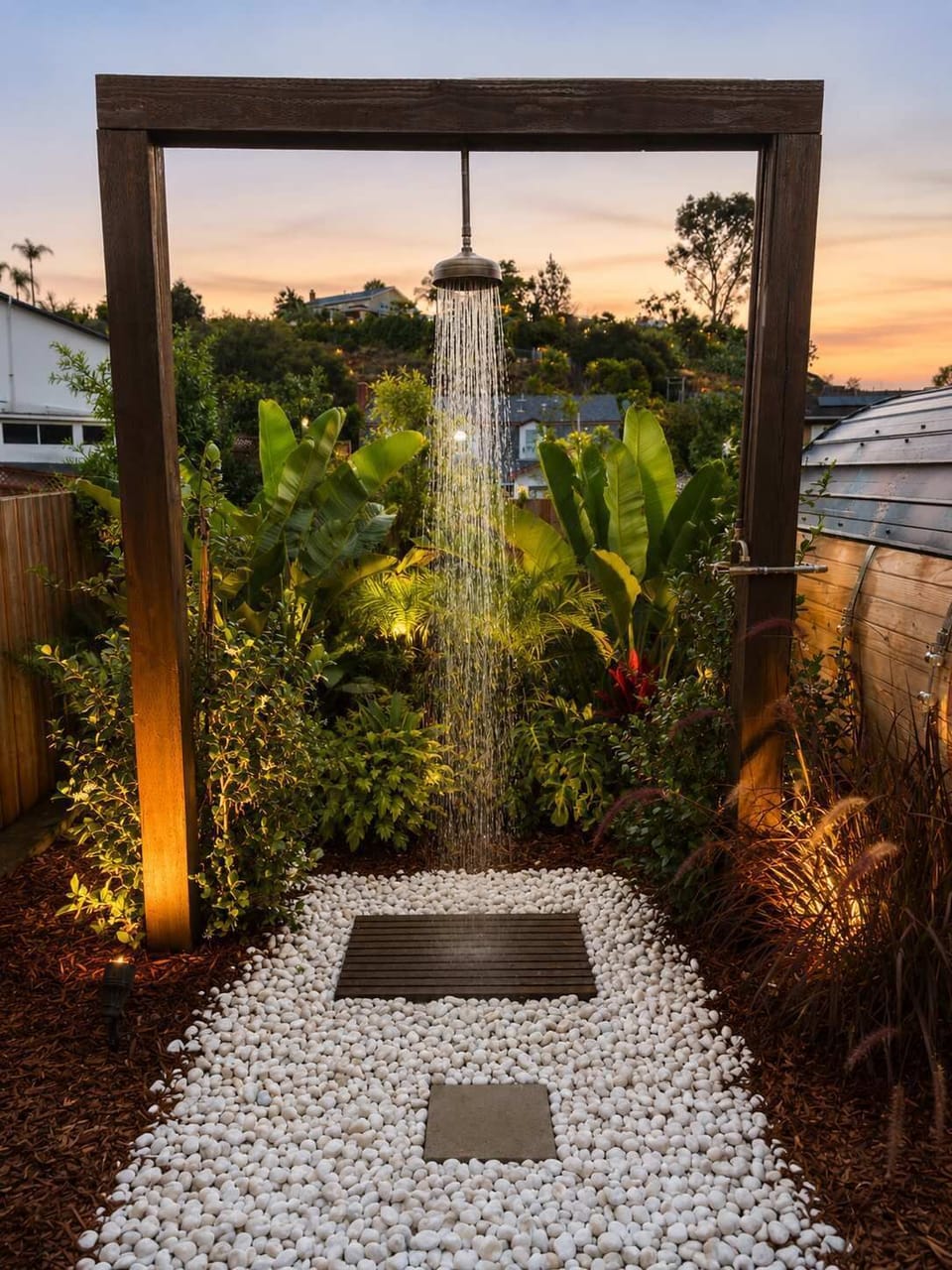 Twilight open-air rain shower framed in hardwood, pebble stone surround & lush tropical garden — resort vibes, every evening